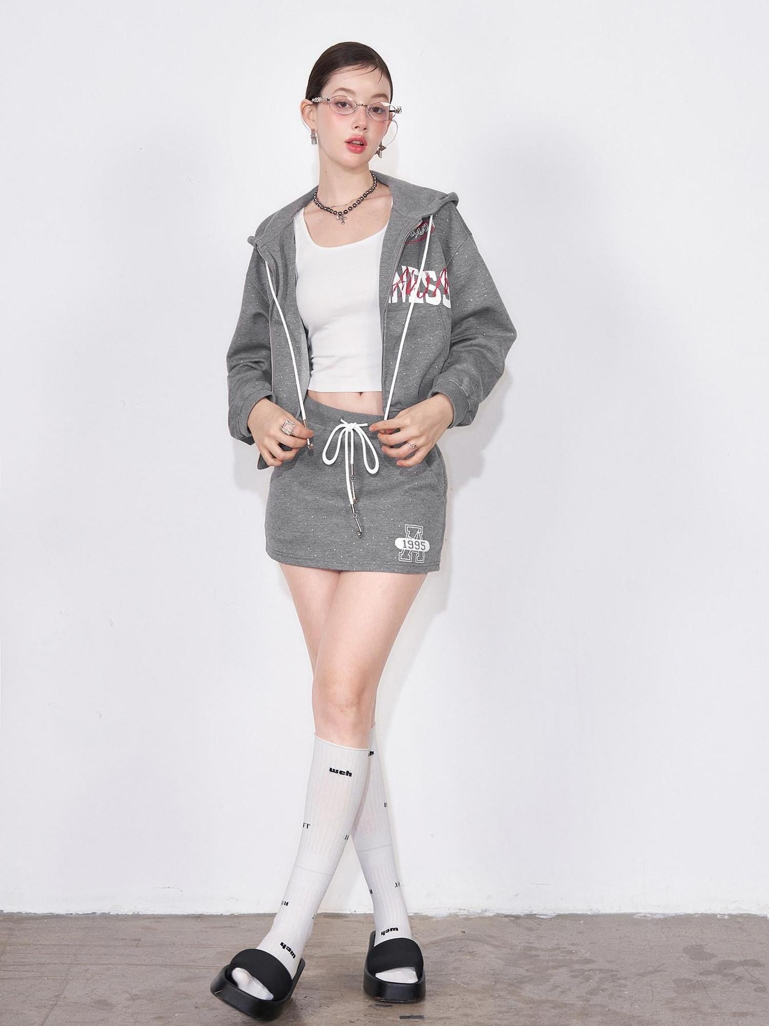 AFTADAWN Gray Air Layer Printed Hooded Zip Bodycon Women&