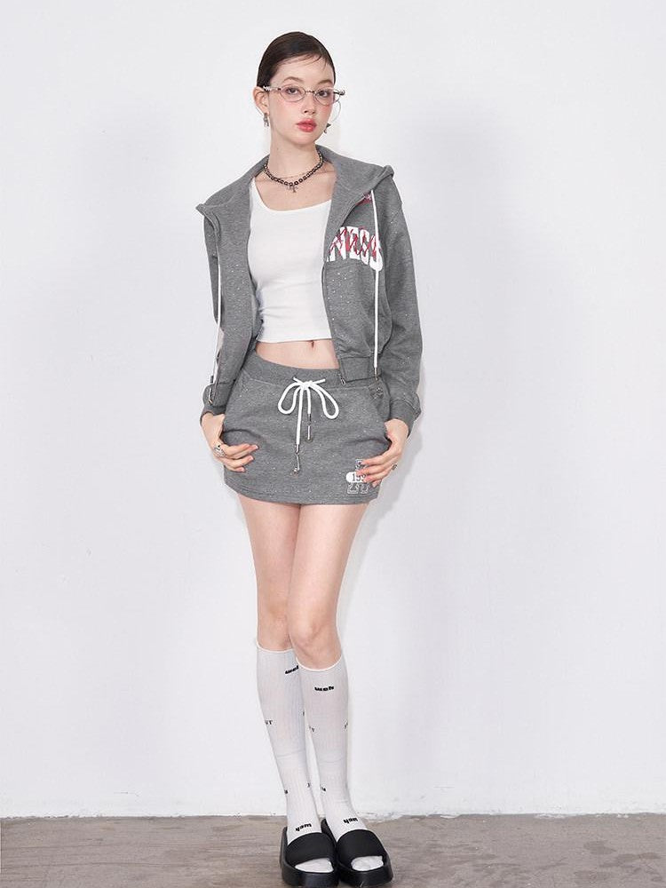 AFTADAWN Gray Air Layer Printed Hooded Zip Bodycon Women&