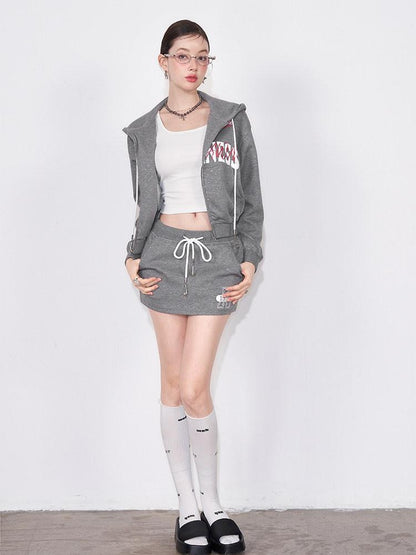 AFTADAWN Gray Air Layer Printed Hooded Zip Bodycon Women&