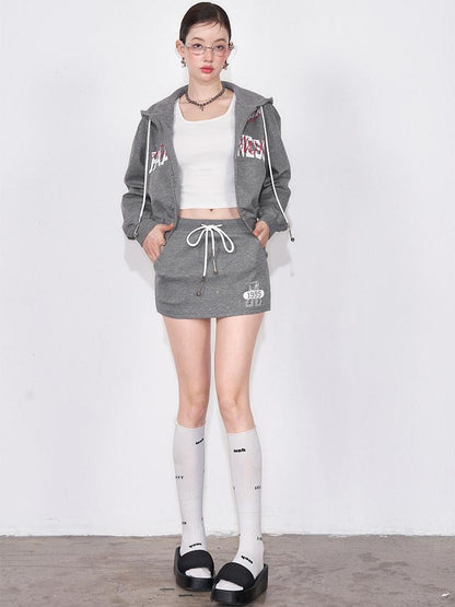 AFTADAWN Gray Air Layer Printed Hooded Zip Bodycon Women&