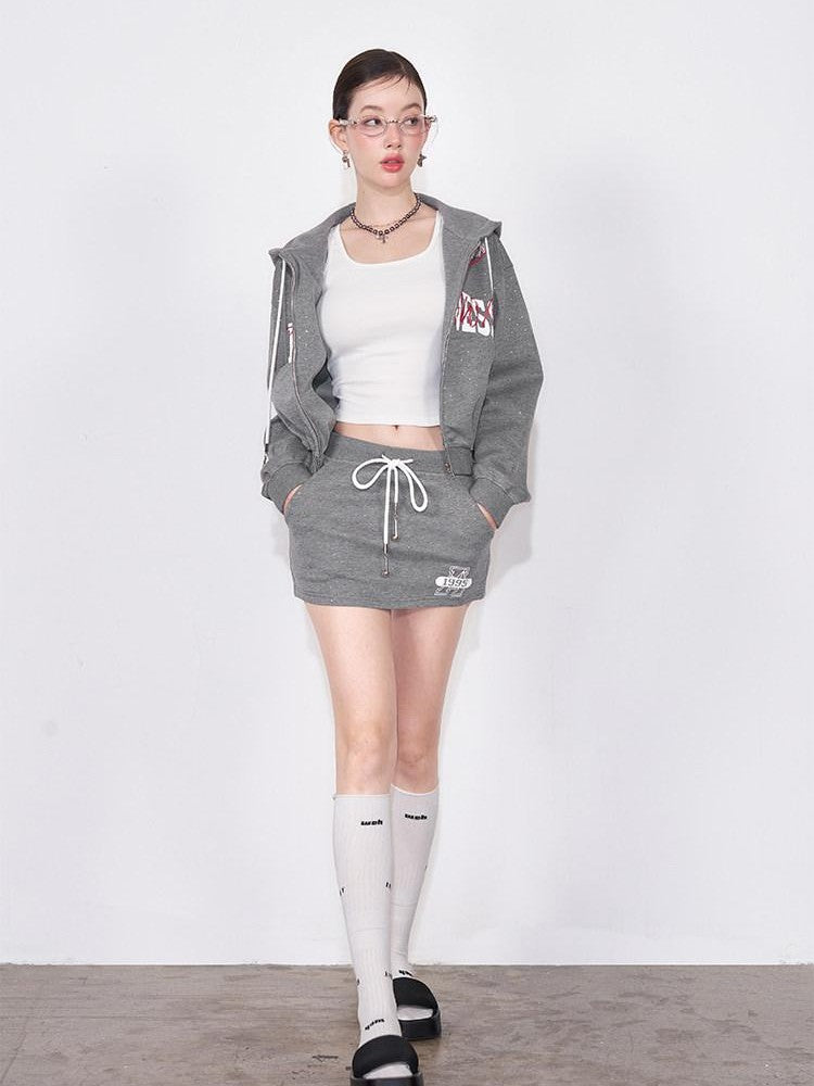 AFTADAWN Gray Air Layer Printed Hooded Zip Bodycon Women&