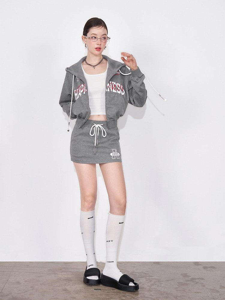 AFTADAWN Gray Air Layer Printed Hooded Zip Bodycon Women&