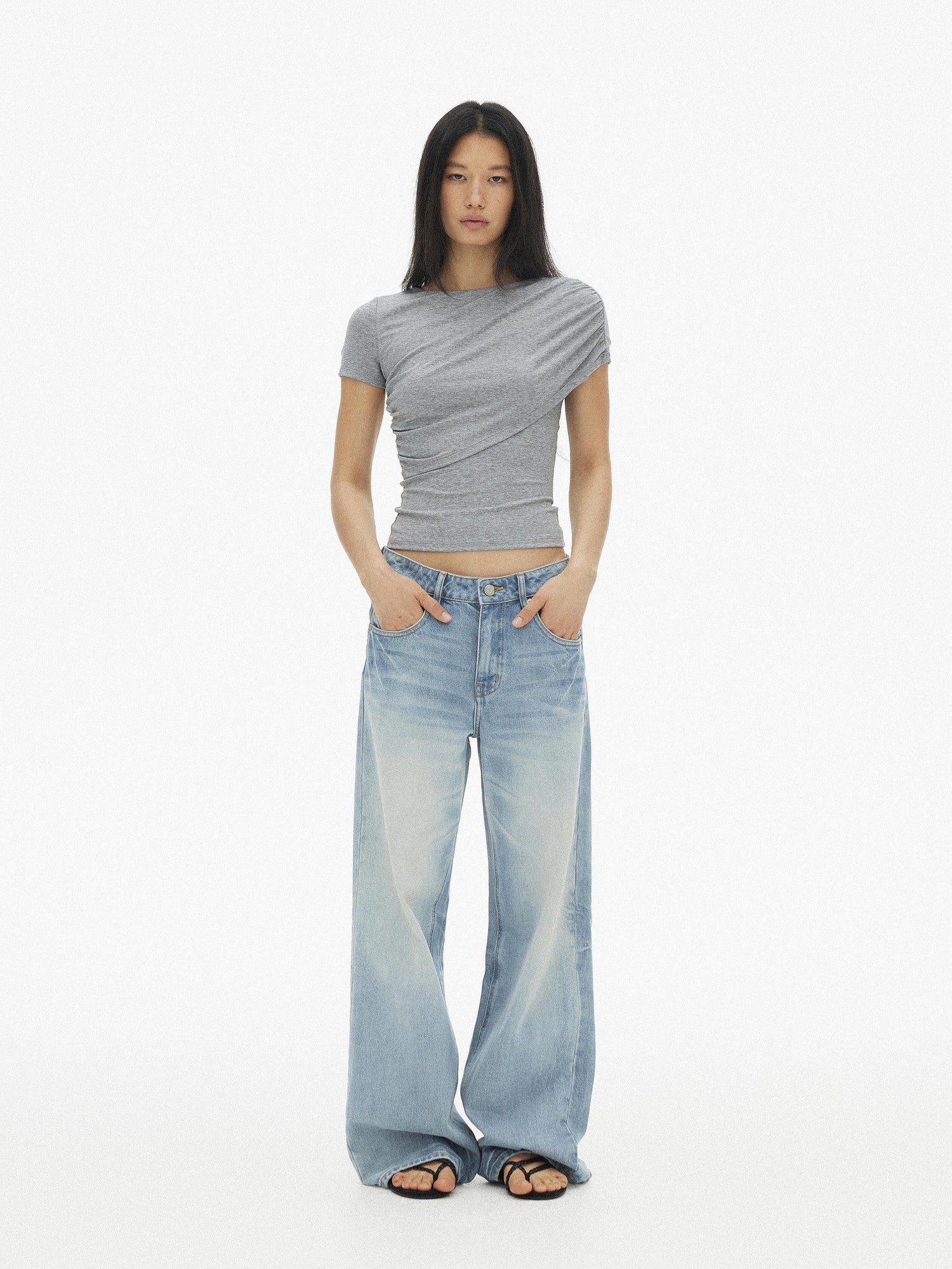 AFTADAWN Gray Asymmetric Ruched Slim Women&