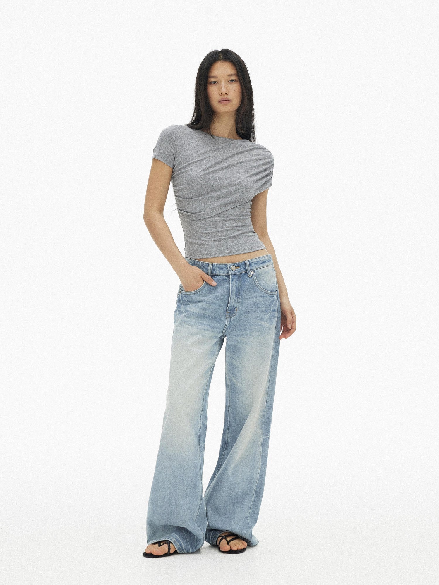 AFTADAWN Gray Asymmetric Ruched Slim Women&