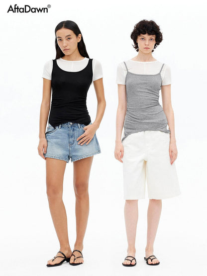 AFTADAWN Gray Black Colorblock 2 In 1 U Neck Women&
