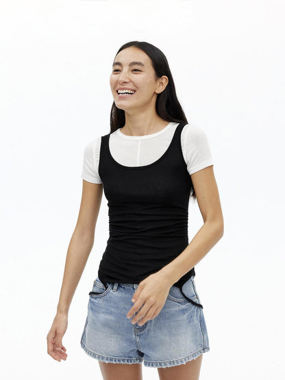 AFTADAWN Gray Black Colorblock 2 In 1 U Neck Women&
