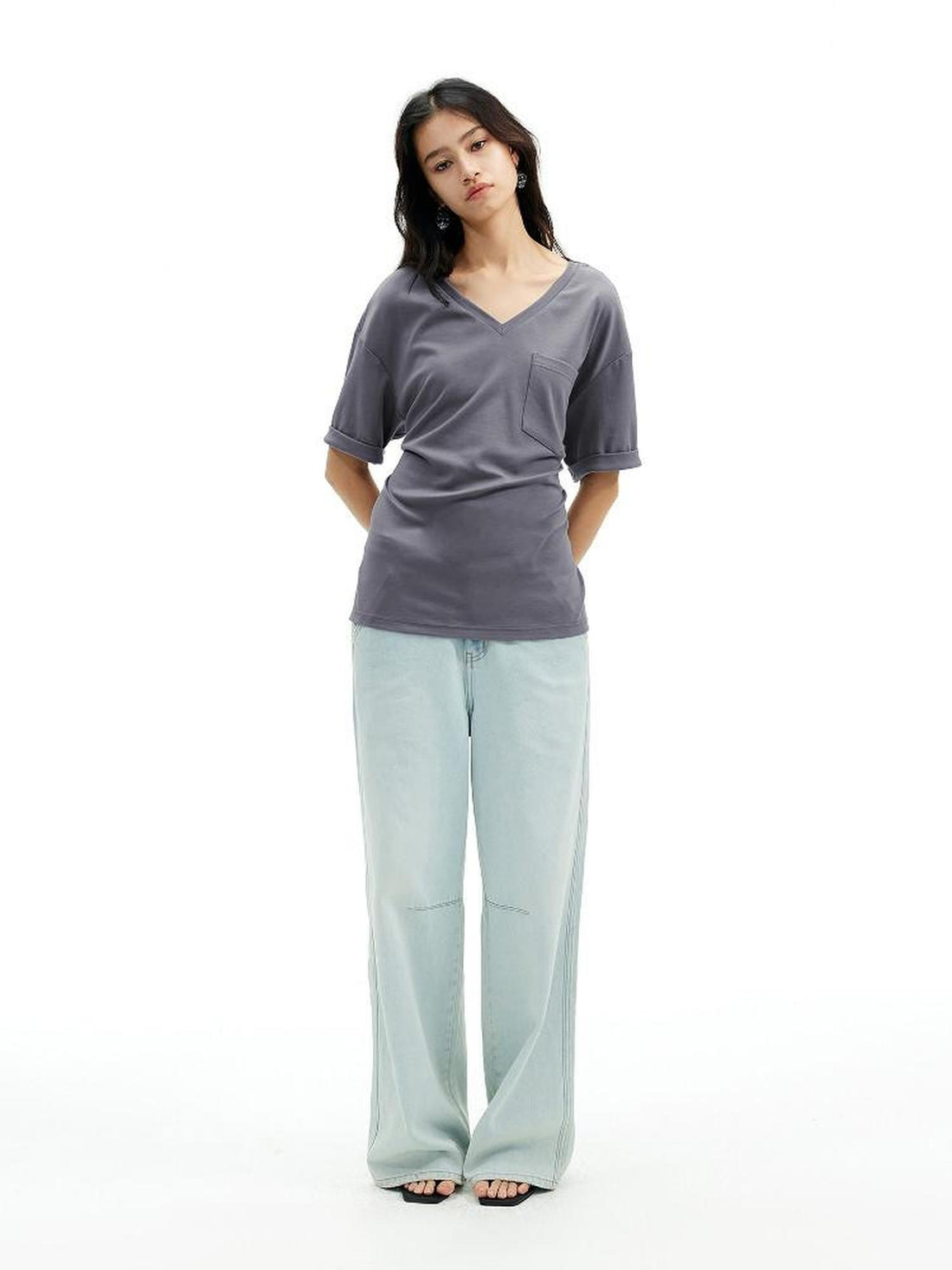AFTADAWN Gray Black V-neck Two Way Back Hook Button Women&