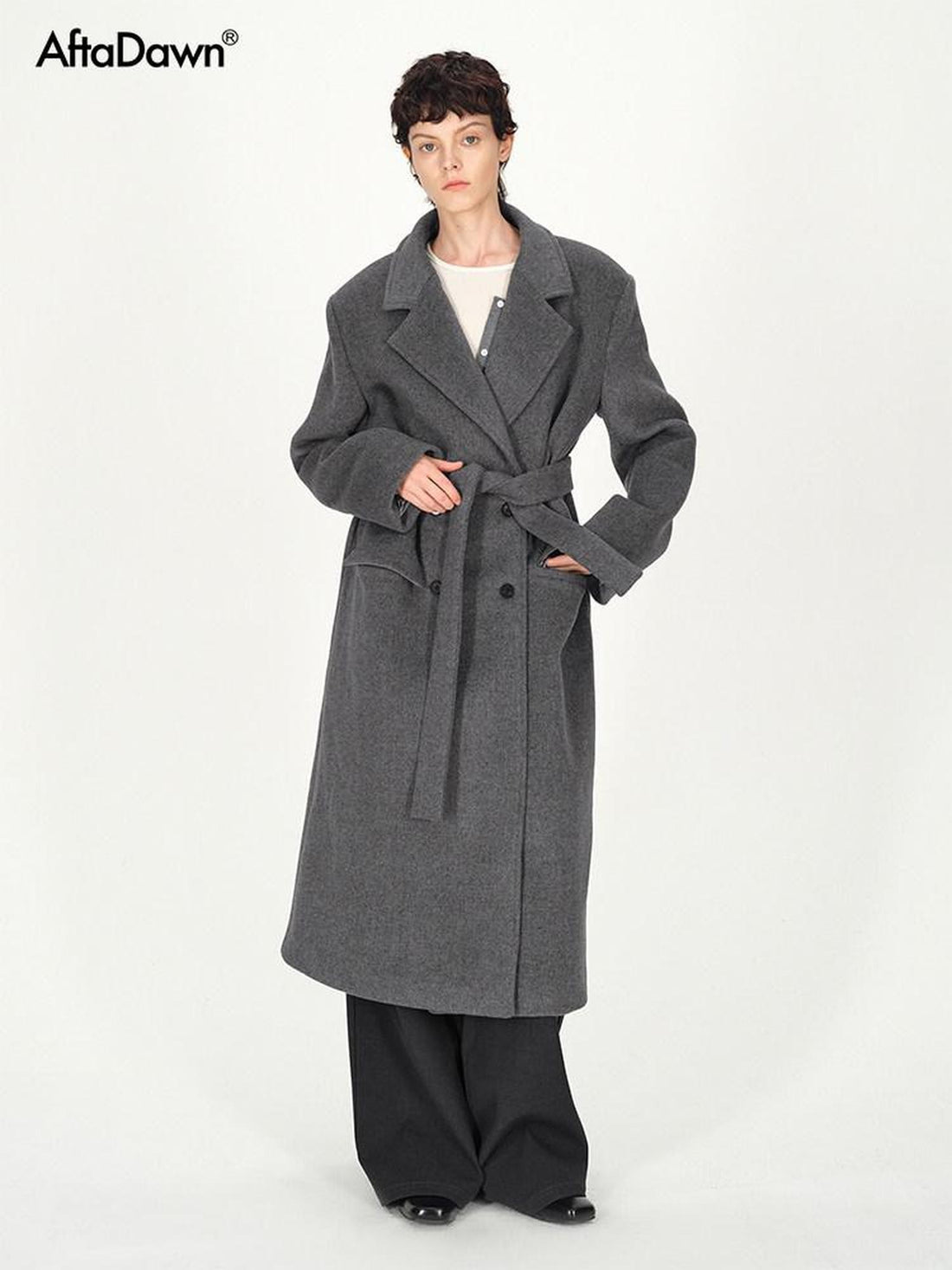 AFTADAWN Gray Double Breasted Half Collar Pocket Long Women&