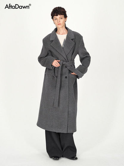 AFTADAWN Gray Double Breasted Half Collar Pocket Long Women&