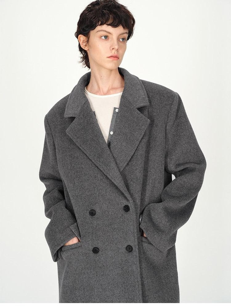 AFTADAWN Gray Double Breasted Half Collar Pocket Long Women&
