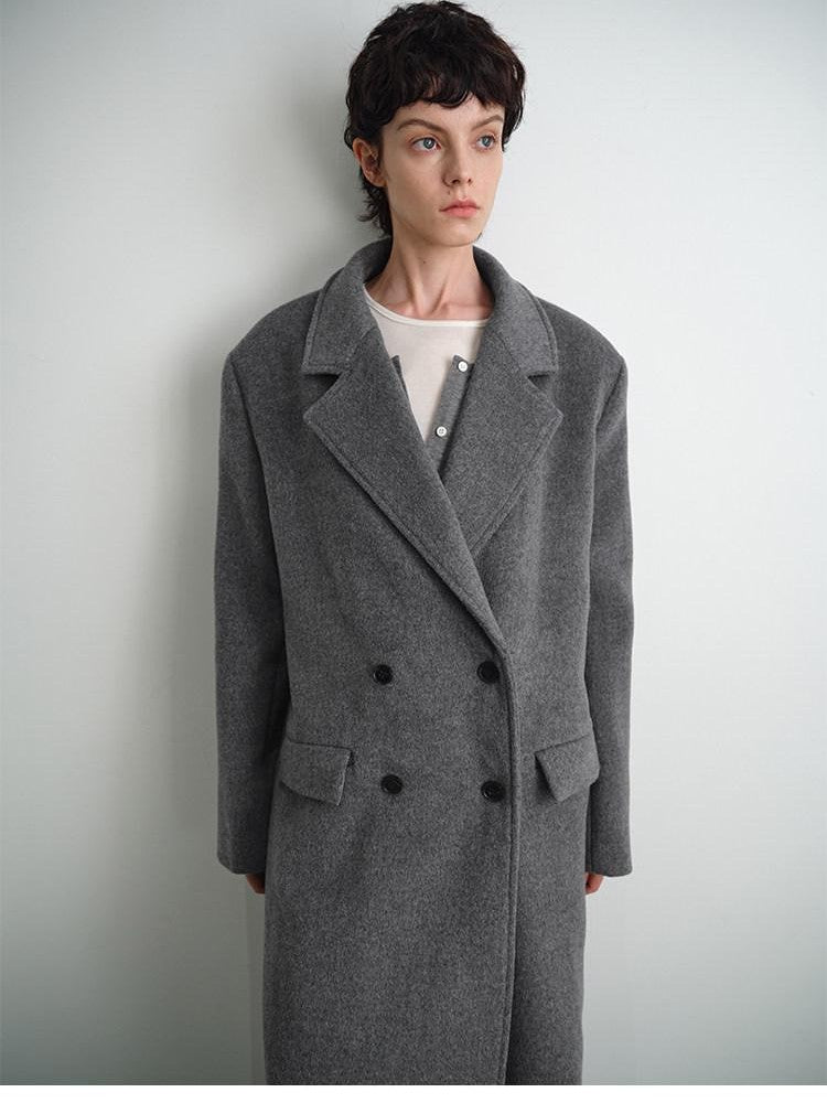AFTADAWN Gray Double Breasted Half Collar Pocket Long Women&