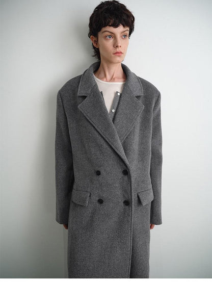 AFTADAWN Gray Double Breasted Half Collar Pocket Long Women&