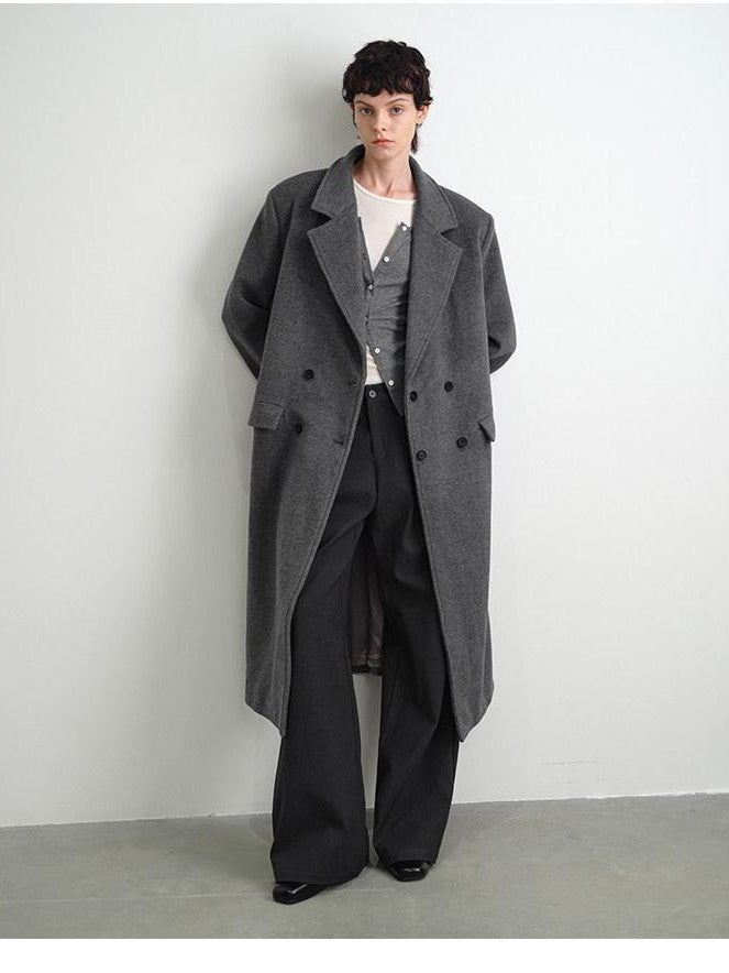 AFTADAWN Gray Double Breasted Half Collar Pocket Long Women&