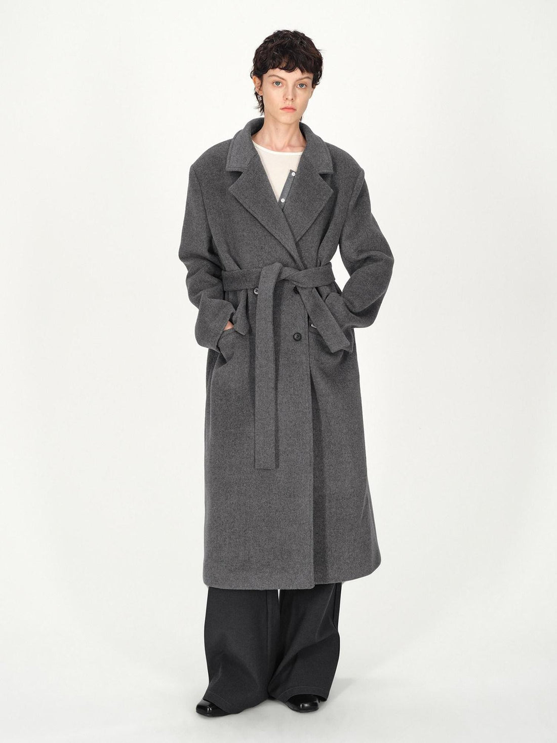 AFTADAWN Gray Double Breasted Half Collar Pocket Long Women&