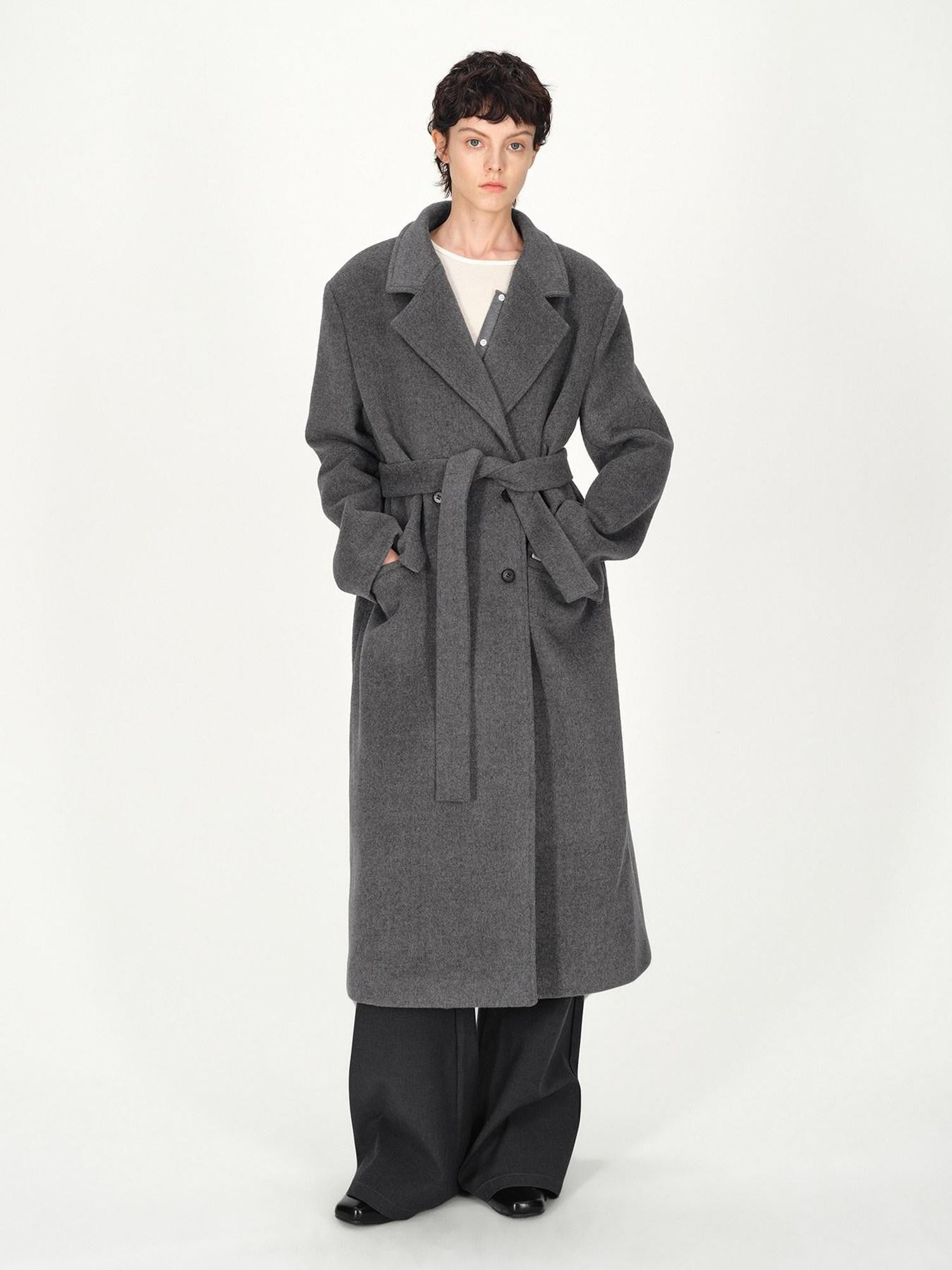 AFTADAWN Gray Double Breasted Half Collar Pocket Long Women&