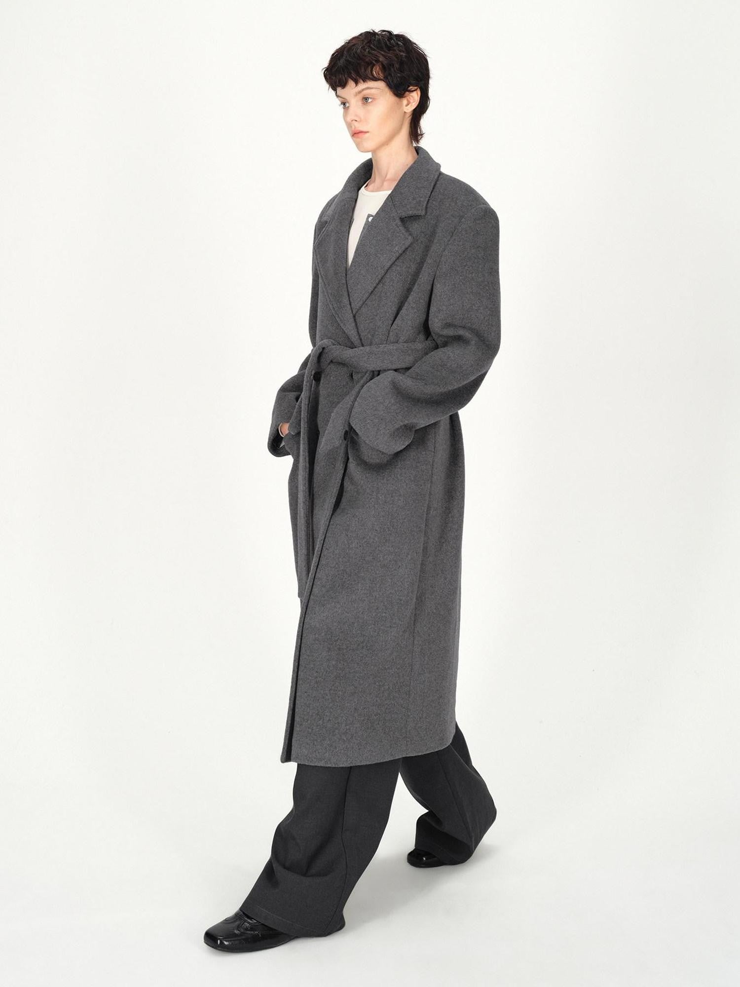 AFTADAWN Gray Double Breasted Half Collar Pocket Long Women&