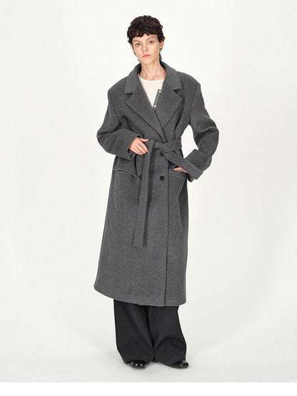 AFTADAWN Gray Double Breasted Half Collar Pocket Long Women&