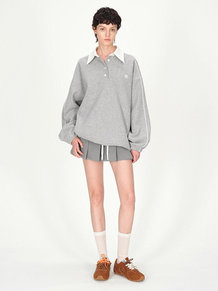 AFTADAWN Gray Embroidered Polo Collar Fleece Pleated Women&
