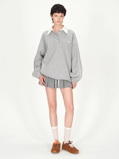 AFTADAWN Gray Embroidered Polo Collar Fleece Pleated Women&