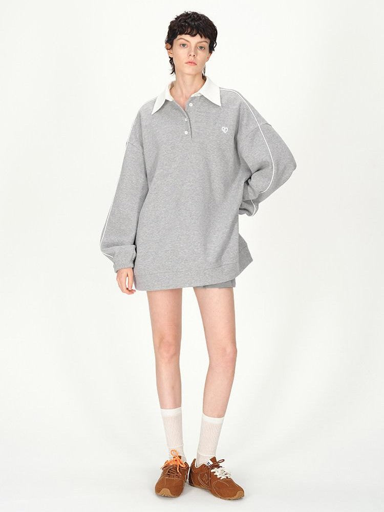 AFTADAWN Gray Embroidered Polo Collar Fleece Pleated Women&