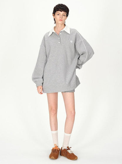 AFTADAWN Gray Embroidered Polo Collar Fleece Pleated Women&
