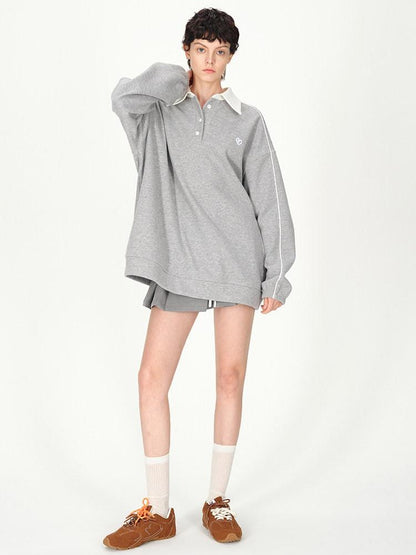 AFTADAWN Gray Embroidered Polo Collar Fleece Pleated Women&