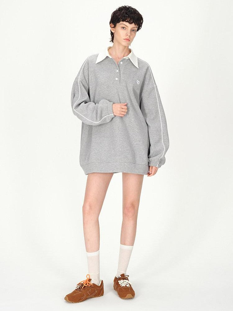 AFTADAWN Gray Embroidered Polo Collar Fleece Pleated Women&