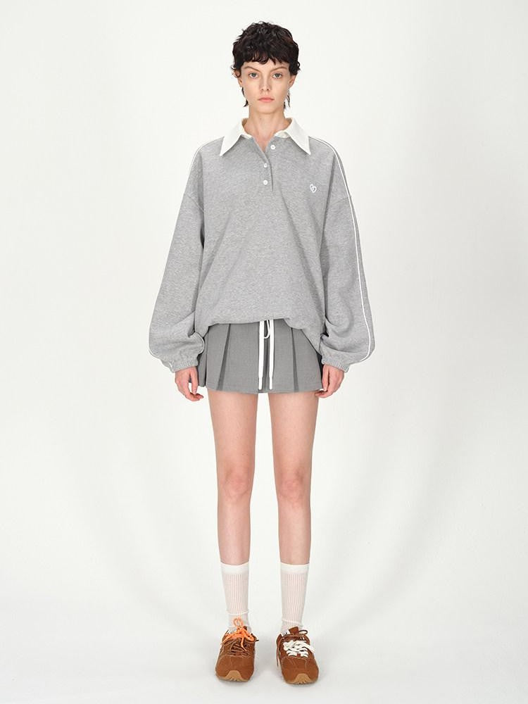 AFTADAWN Gray Embroidered Polo Collar Fleece Pleated Women&