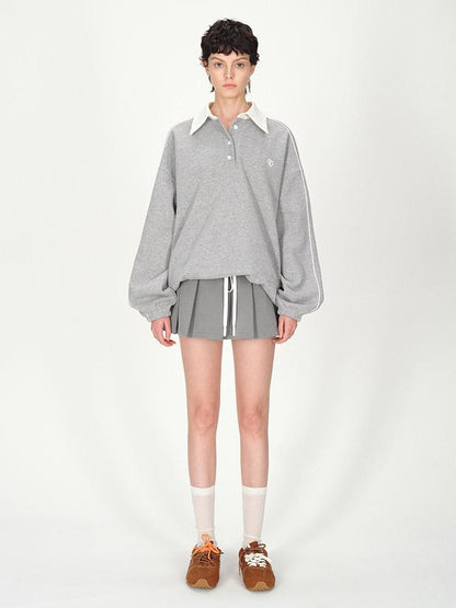 AFTADAWN Gray Embroidered Polo Collar Fleece Pleated Women&