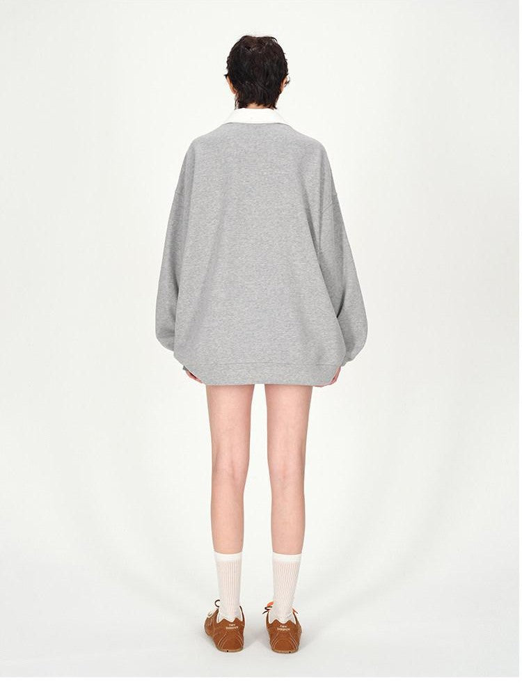 AFTADAWN Gray Embroidered Polo Collar Fleece Pleated Women&