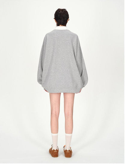 AFTADAWN Gray Embroidered Polo Collar Fleece Pleated Women&