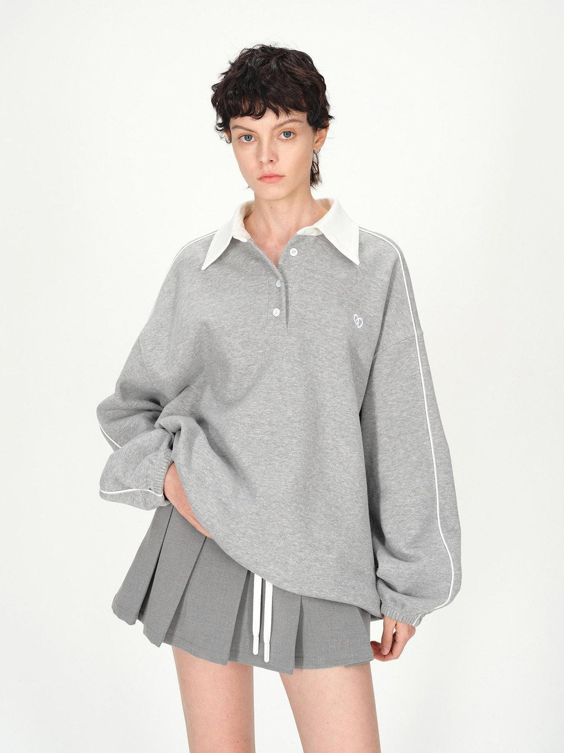 AFTADAWN Gray Embroidered Polo Collar Fleece Pleated Women&