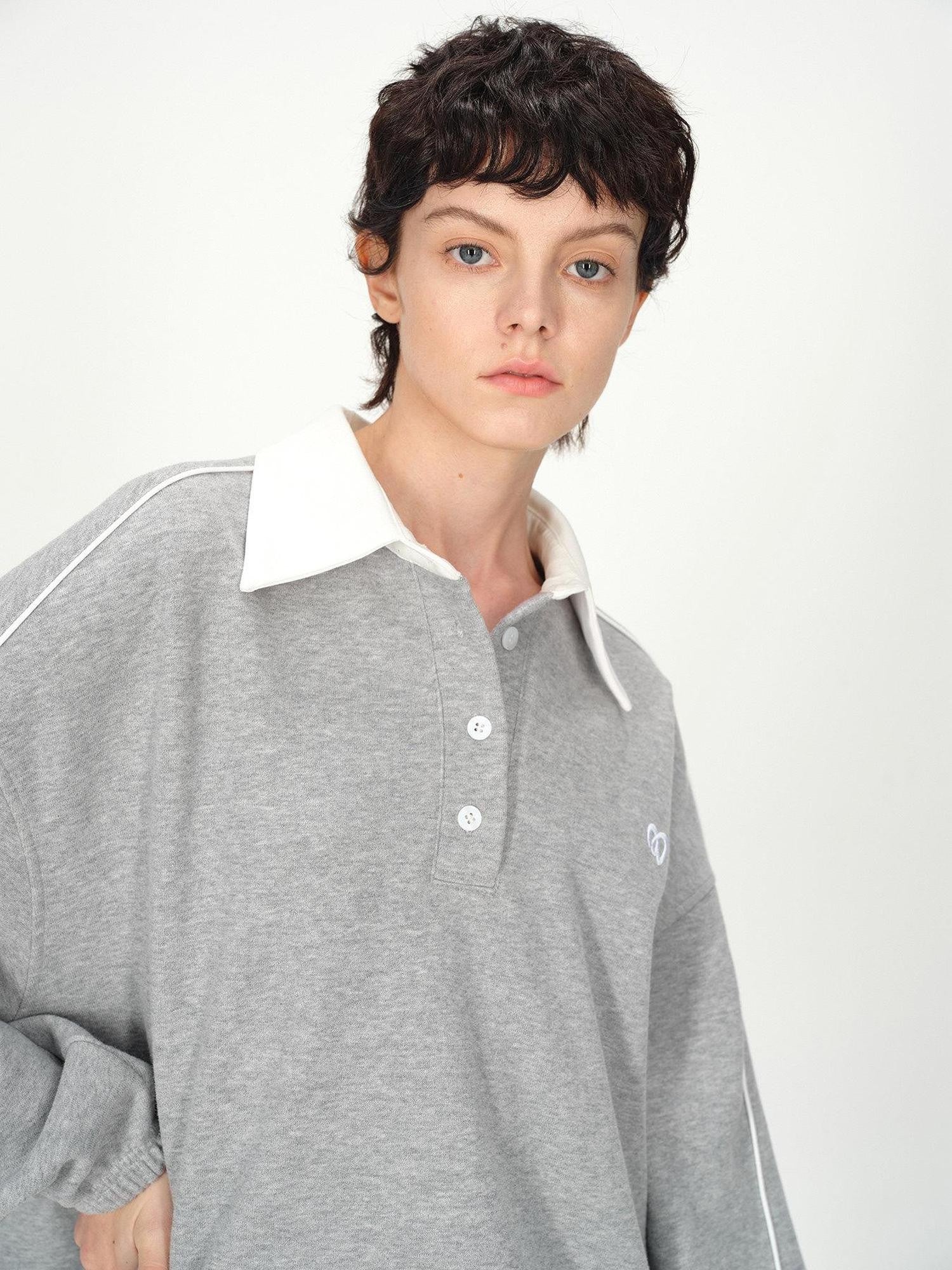 AFTADAWN Gray Embroidered Polo Collar Fleece Pleated Women&