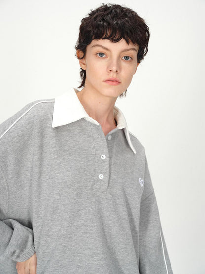 AFTADAWN Gray Embroidered Polo Collar Fleece Pleated Women&