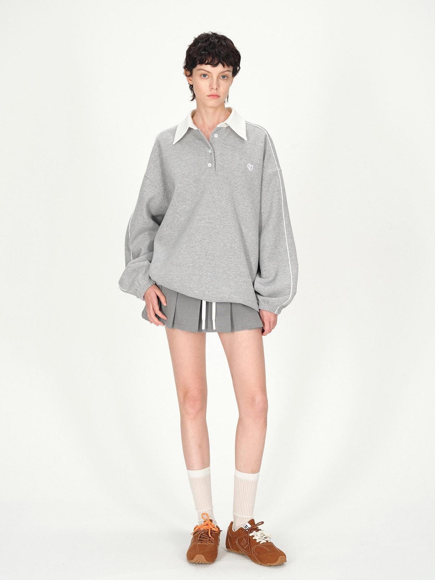 AFTADAWN Gray Embroidered Polo Collar Fleece Pleated Women&