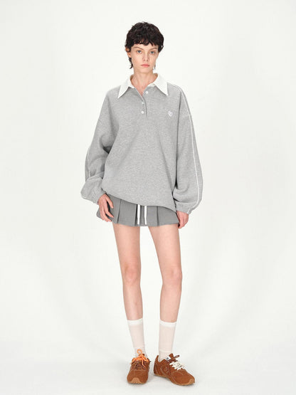 AFTADAWN Gray Embroidered Polo Collar Fleece Pleated Women&