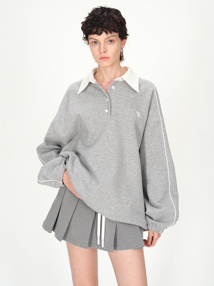 AFTADAWN Gray Embroidered Polo Collar Fleece Pleated Women&