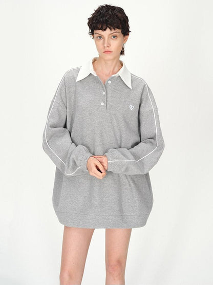 AFTADAWN Gray Embroidered Polo Collar Fleece Pleated Women&