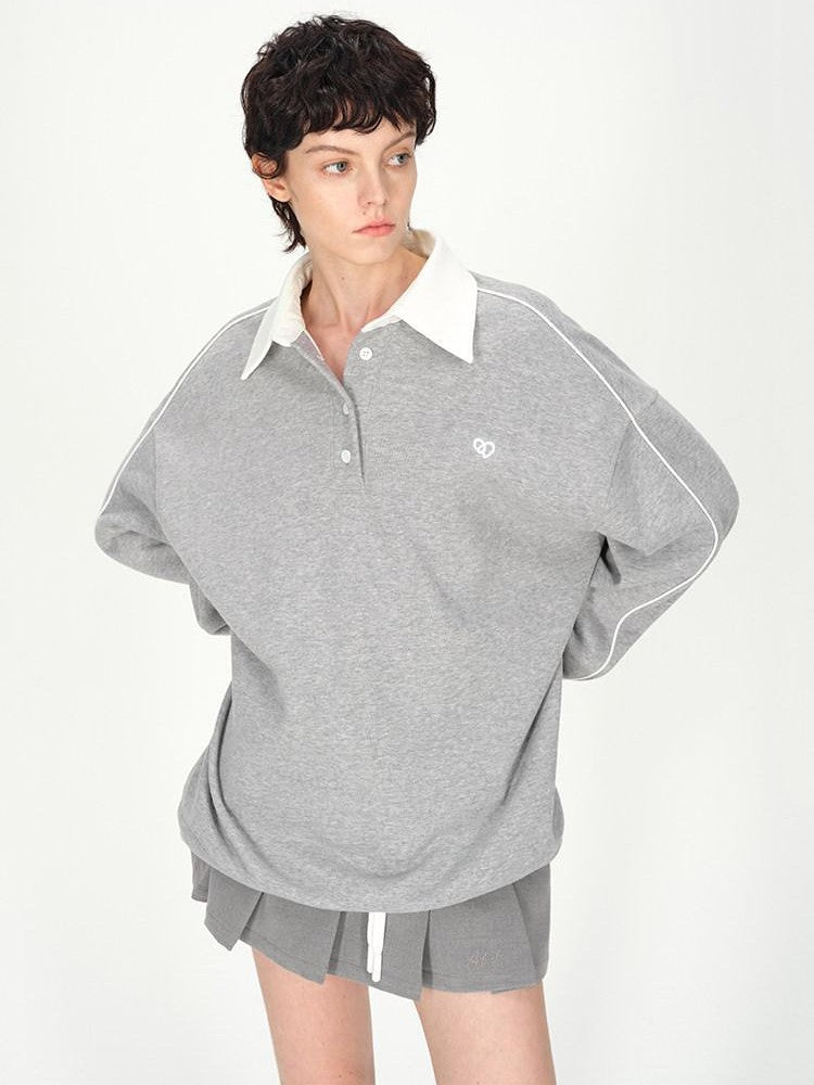 AFTADAWN Gray Embroidered Polo Collar Fleece Pleated Women&