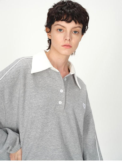 AFTADAWN Gray Embroidered Polo Collar Fleece Pleated Women&