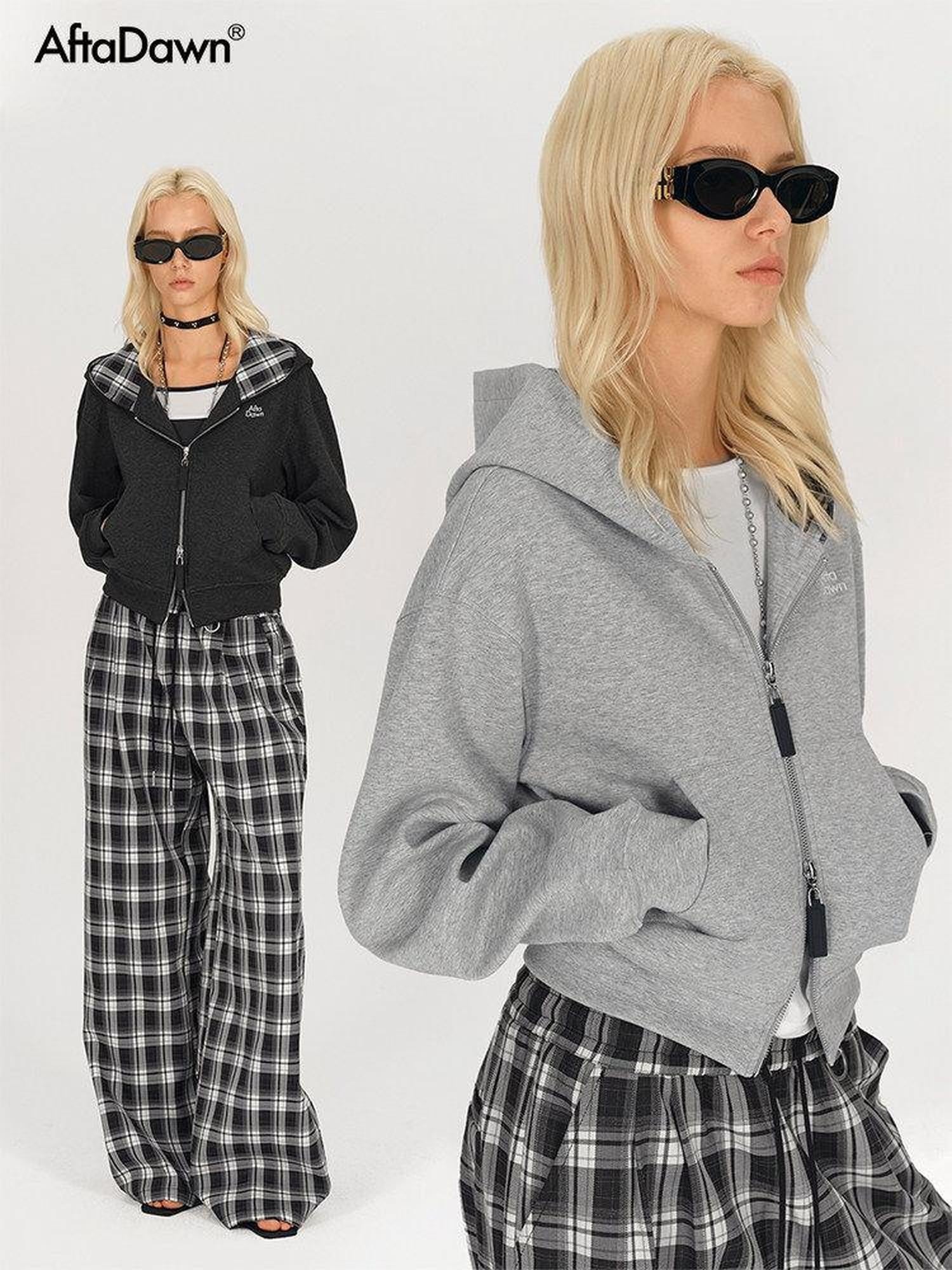 AFTADAWN Gray Plaid Patchwork Double Zipper Women&