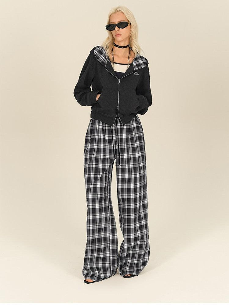 AFTADAWN Gray Plaid Patchwork Double Zipper Women&
