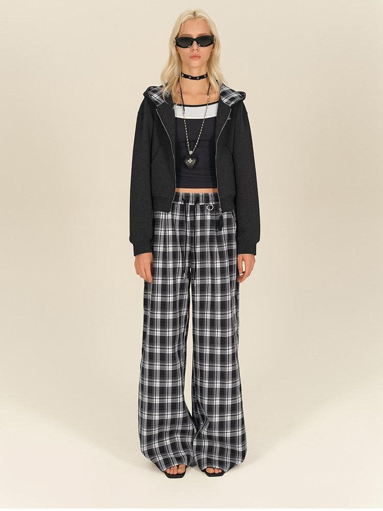 AFTADAWN Gray Plaid Patchwork Double Zipper Women&