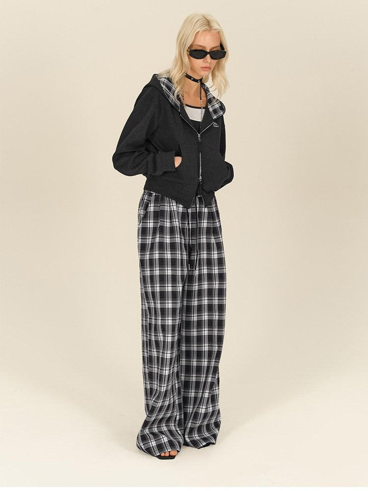 AFTADAWN Gray Plaid Patchwork Double Zipper Women&