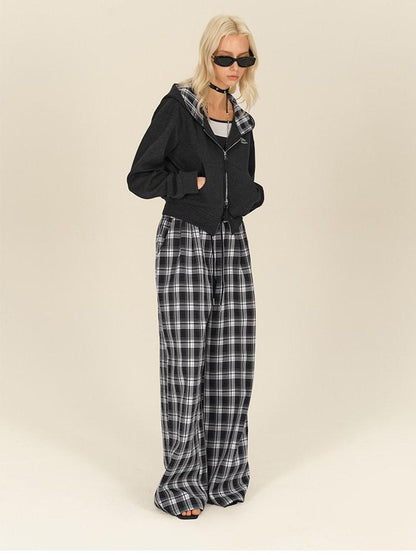 AFTADAWN Gray Plaid Patchwork Double Zipper Women&