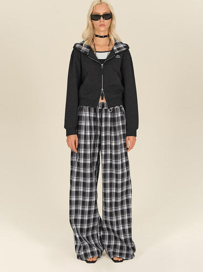AFTADAWN Gray Plaid Patchwork Double Zipper Women&