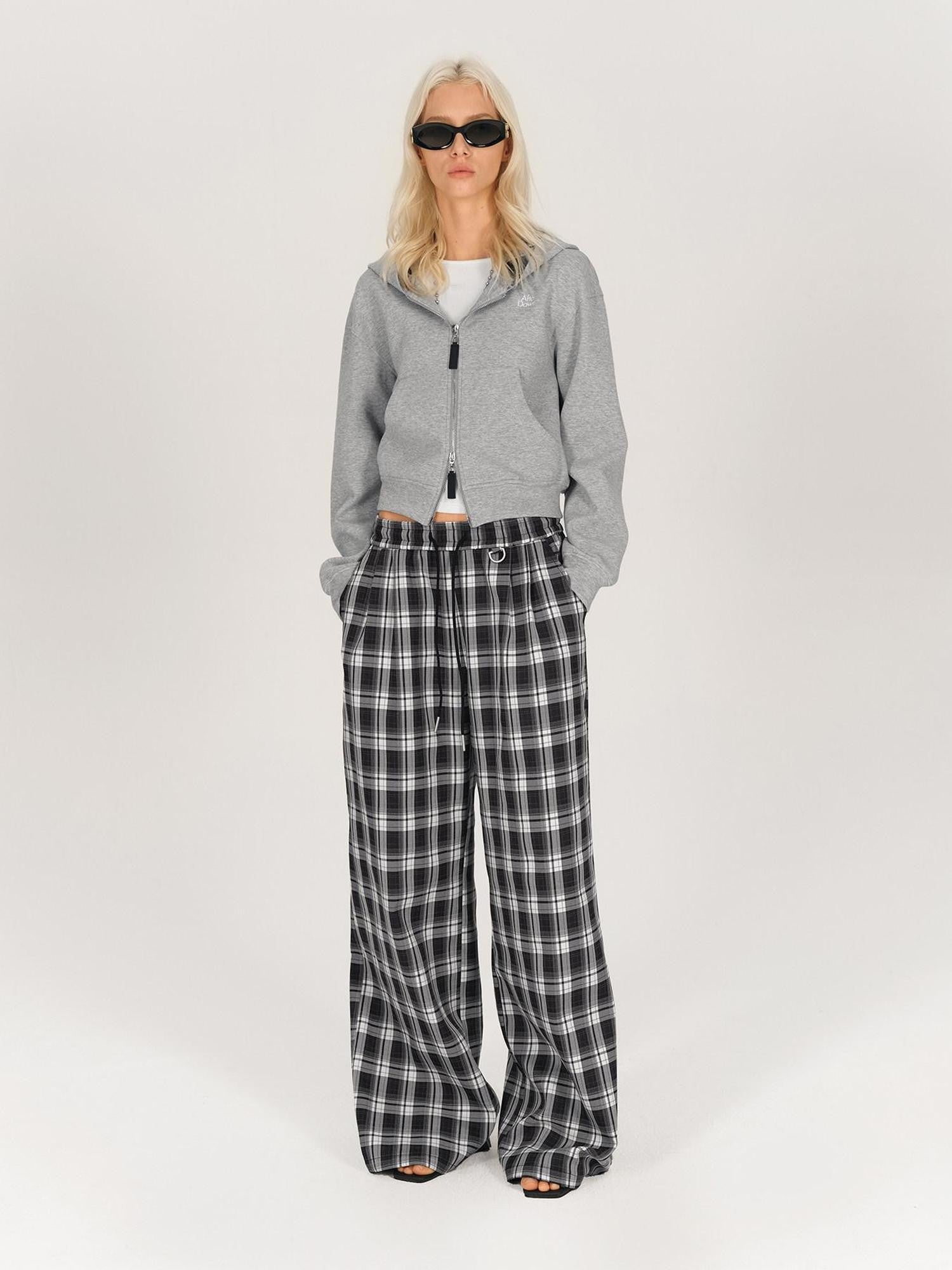 AFTADAWN Gray Plaid Patchwork Double Zipper Women&