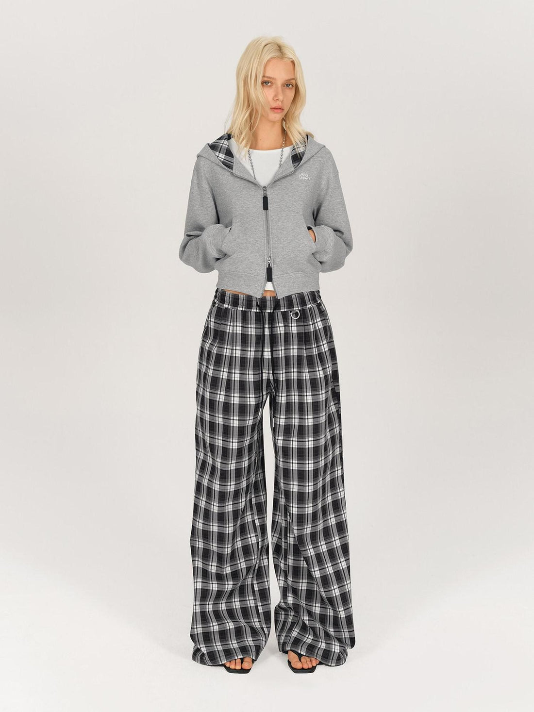 AFTADAWN Gray Plaid Patchwork Double Zipper Women&