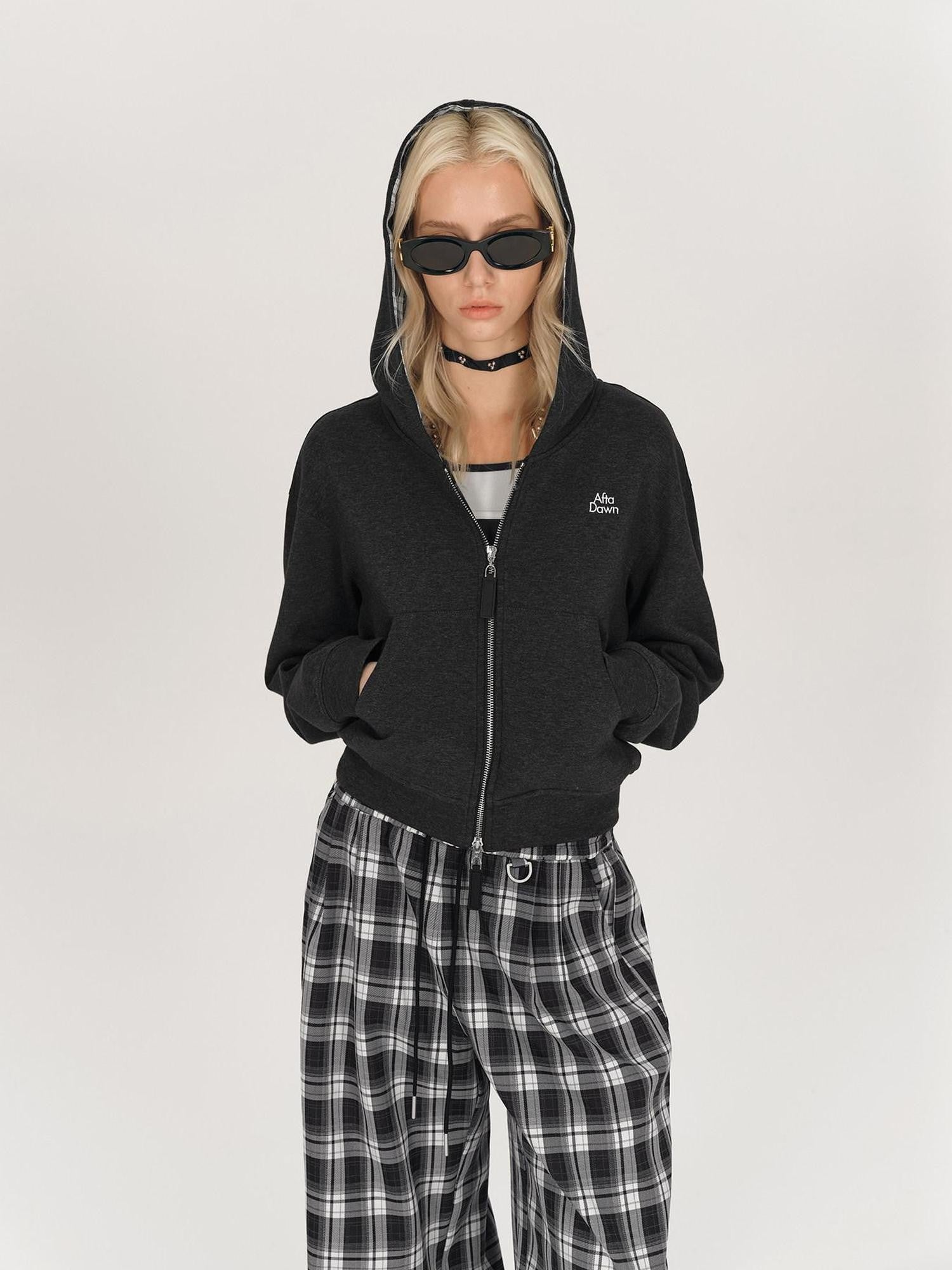 AFTADAWN Gray Plaid Patchwork Double Zipper Women&