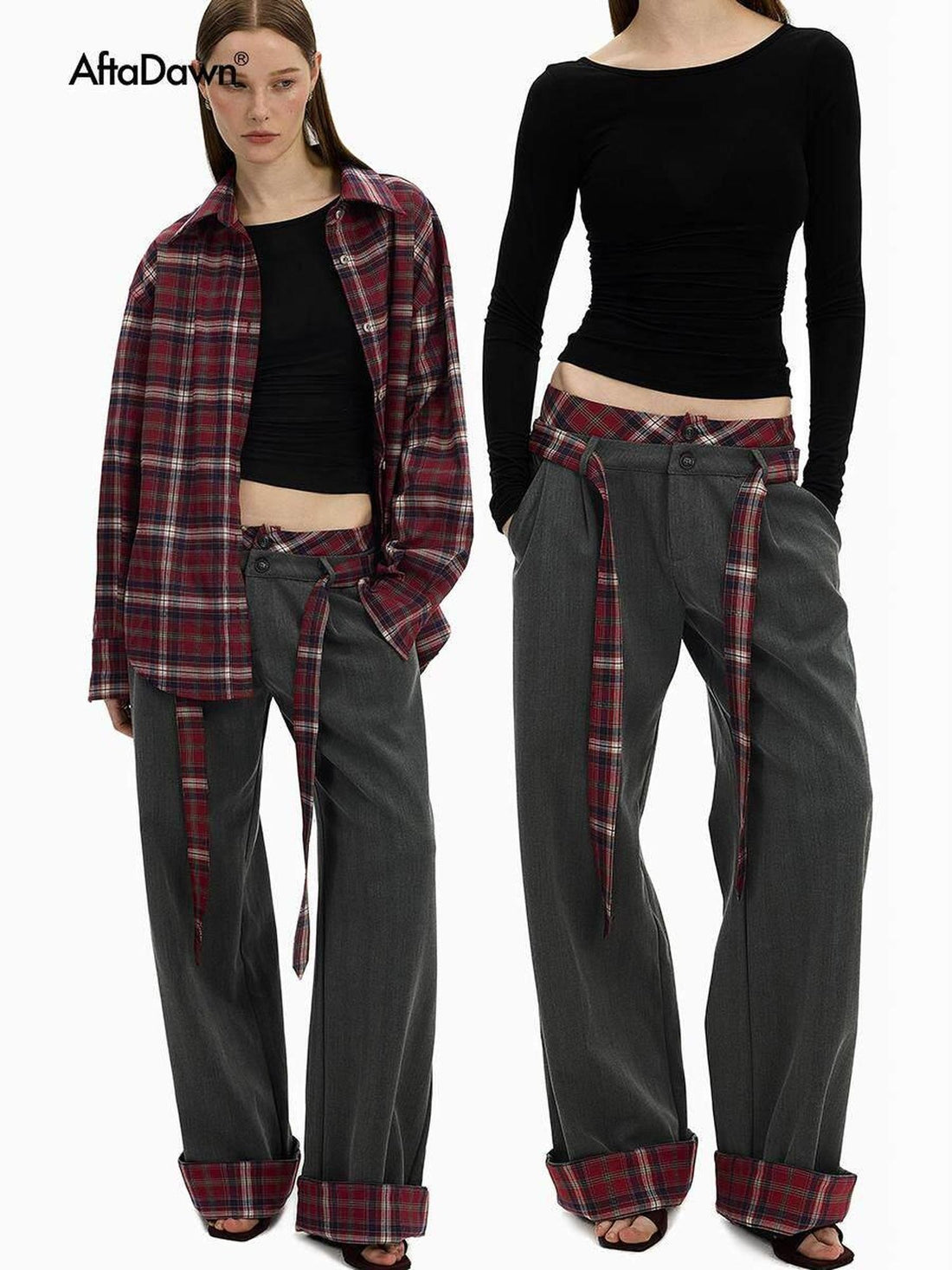 AFTADAWN Gray Plaid Waist Panel Faux Two Piece Women&